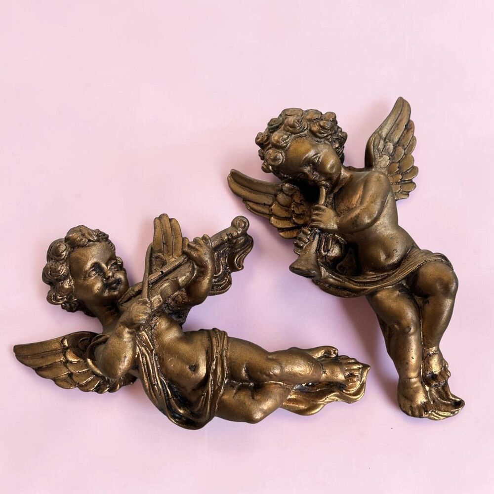 Vintage Gold Resin Cherub Wall Plaques – Musical Angels Set of 2 (5.5" x 4")